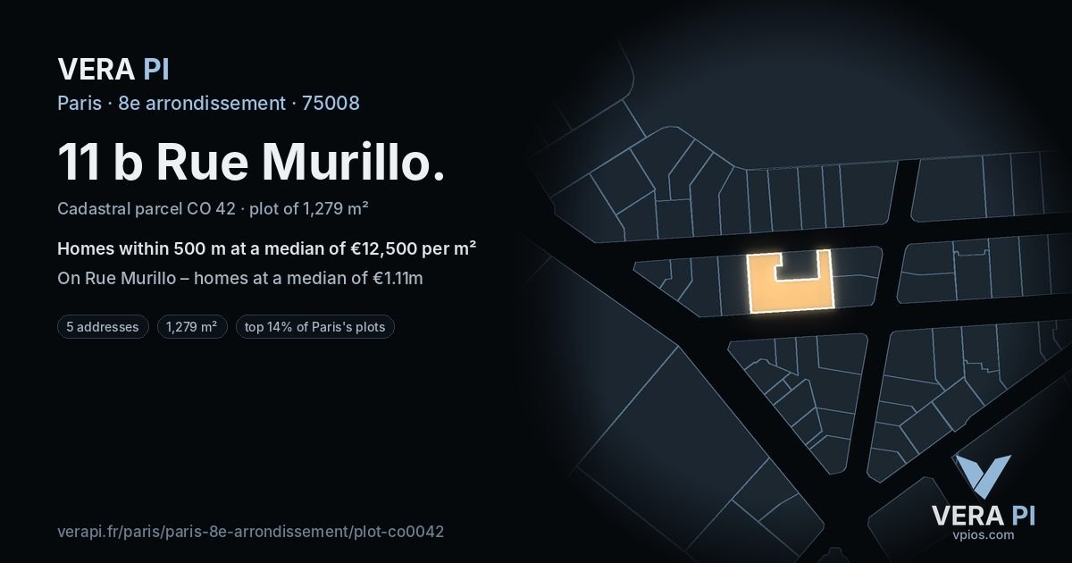 11 b Rue Murillo, 8e arrondissement at night – the plot lit, the parcels around coloured by the prices near them
