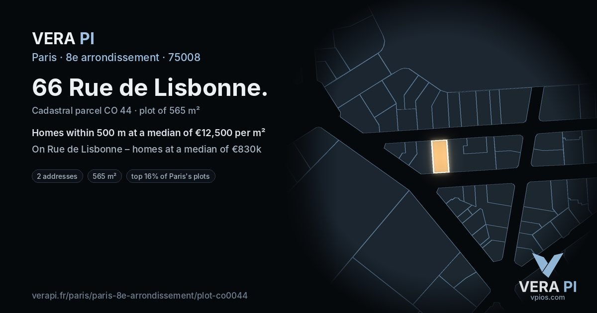 66 Rue de Lisbonne, 8e arrondissement at night – the plot lit, the parcels around coloured by the prices near them