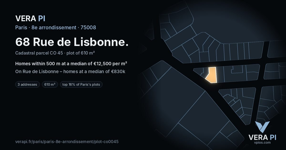 68 Rue de Lisbonne, 8e arrondissement at night – the plot lit, the parcels around coloured by the prices near them