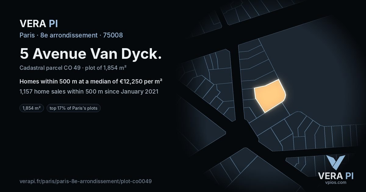 5 Avenue Van Dyck, 8e arrondissement at night – the plot lit, the parcels around coloured by the prices near them