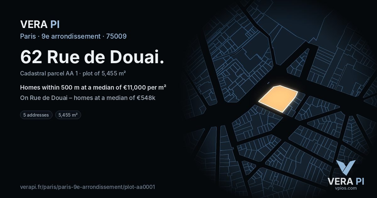 62 Rue de Douai, 9e arrondissement at night – the plot lit, the parcels around coloured by the prices near them