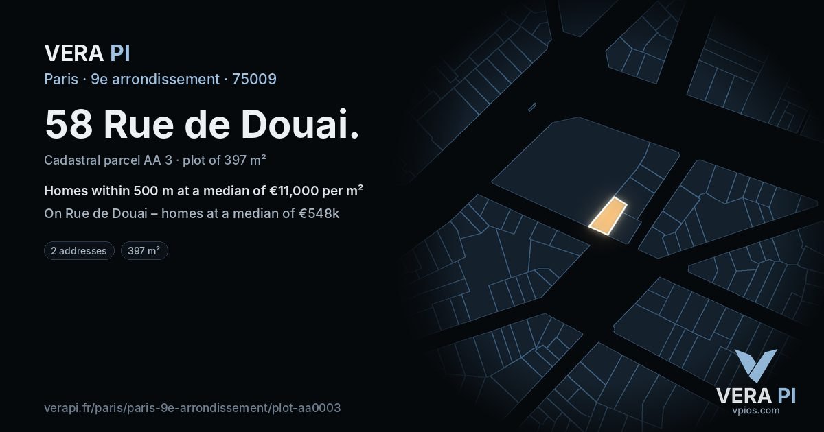 58 Rue de Douai, 9e arrondissement at night – the plot lit, the parcels around coloured by the prices near them