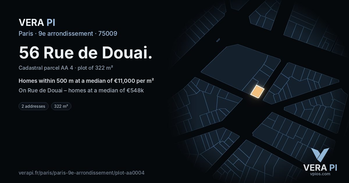 56 Rue de Douai, 9e arrondissement at night – the plot lit, the parcels around coloured by the prices near them