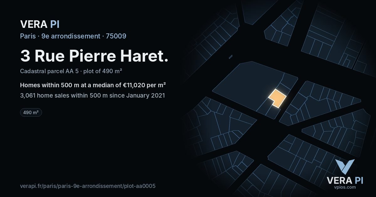 3 Rue Pierre Haret, 9e arrondissement at night – the plot lit, the parcels around coloured by the prices near them
