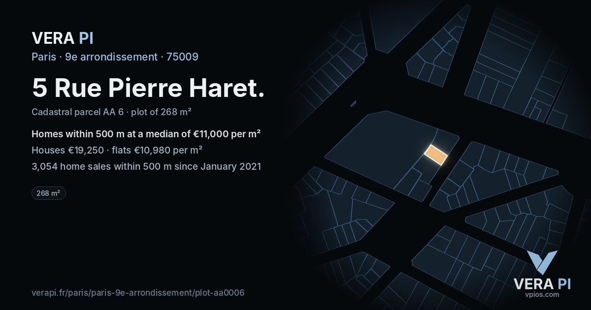 5 Rue Pierre Haret, 9e arrondissement at night – the plot lit, the parcels around coloured by the prices near them