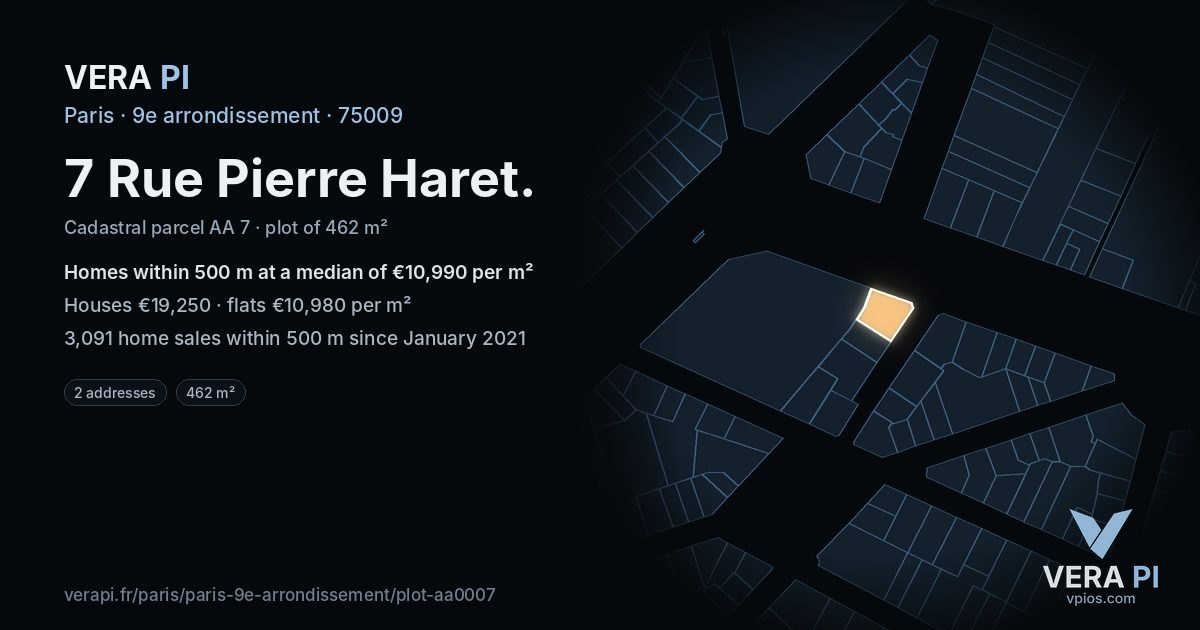 7 Rue Pierre Haret, 9e arrondissement at night – the plot lit, the parcels around coloured by the prices near them