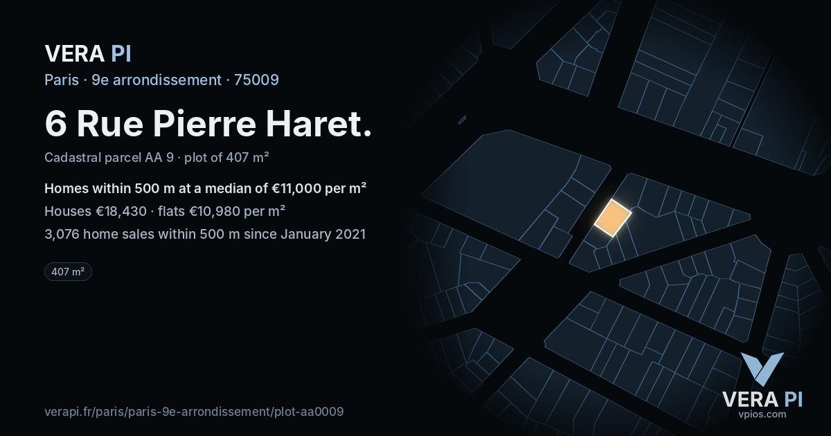6 Rue Pierre Haret, 9e arrondissement at night – the plot lit, the parcels around coloured by the prices near them