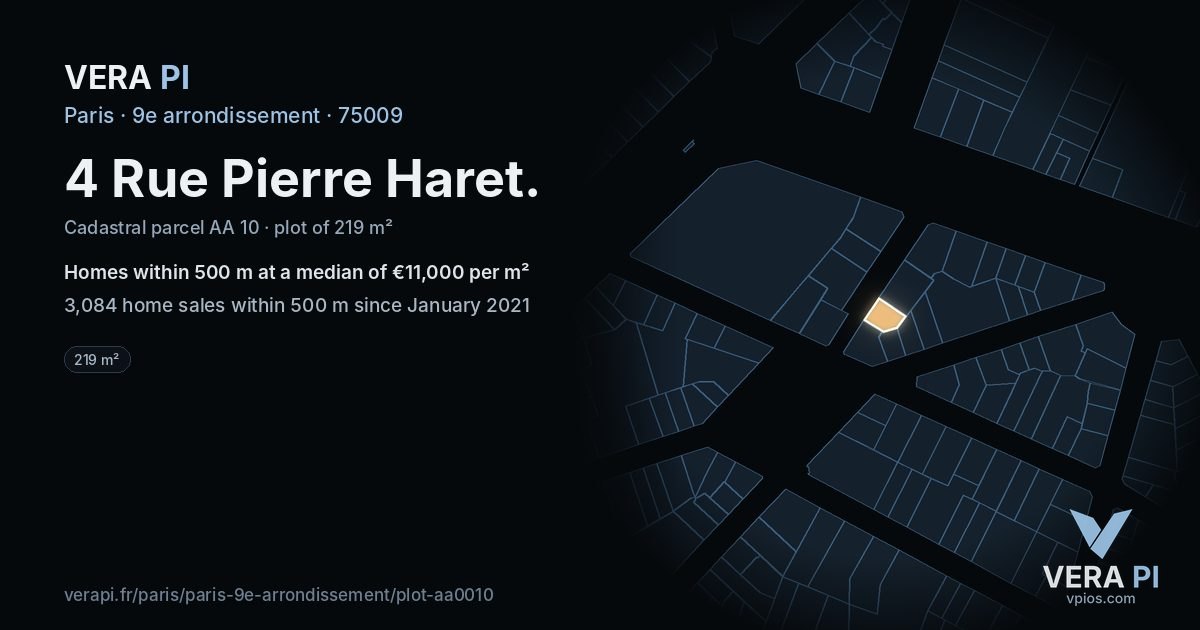 4 Rue Pierre Haret, 9e arrondissement at night – the plot lit, the parcels around coloured by the prices near them