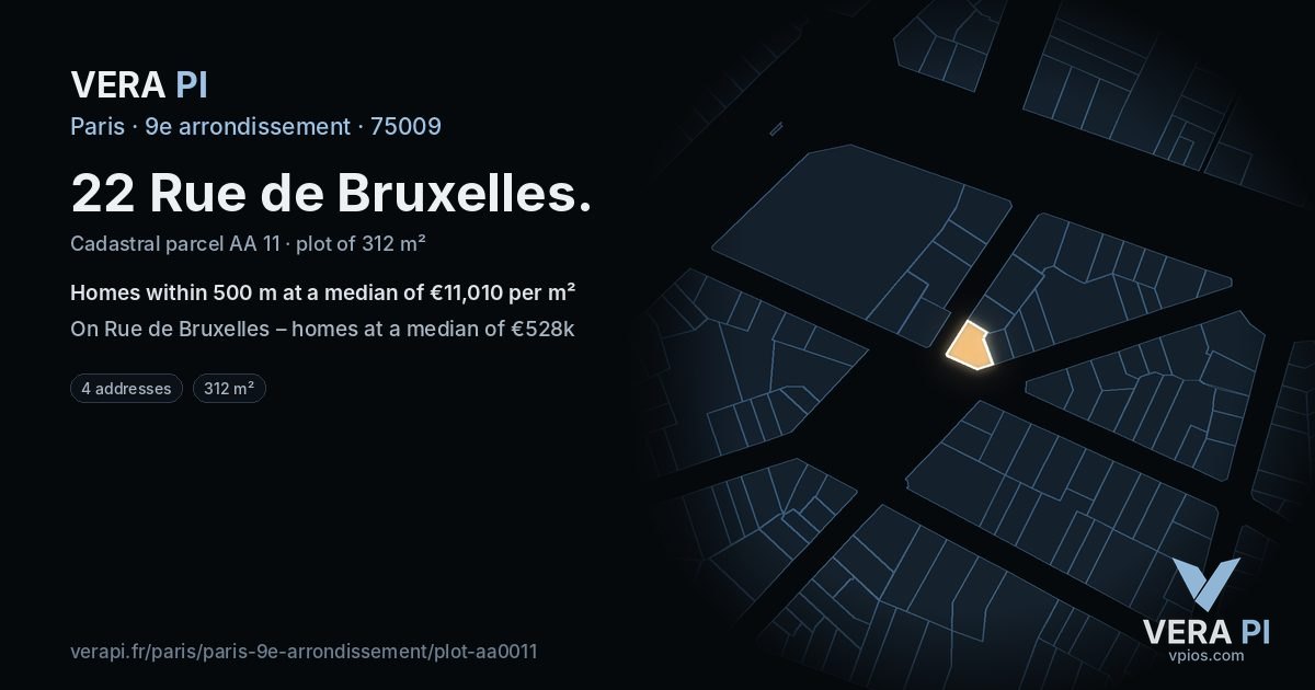 22 Rue de Bruxelles, 9e arrondissement at night – the plot lit, the parcels around coloured by the prices near them