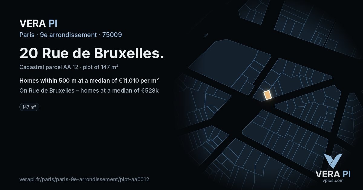 20 Rue de Bruxelles, 9e arrondissement at night – the plot lit, the parcels around coloured by the prices near them
