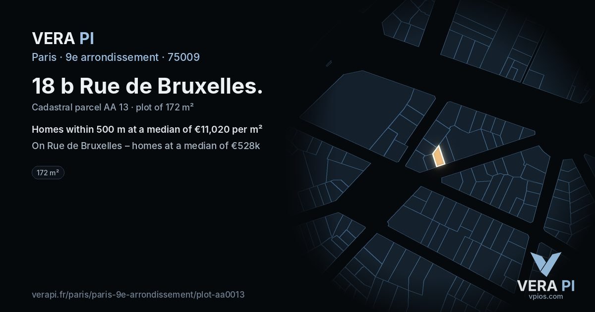 18 b Rue de Bruxelles, 9e arrondissement at night – the plot lit, the parcels around coloured by the prices near them
