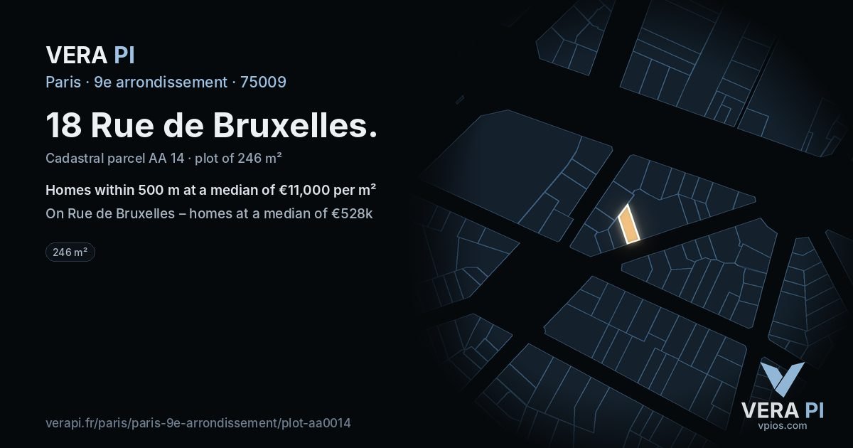 18 Rue de Bruxelles, 9e arrondissement at night – the plot lit, the parcels around coloured by the prices near them