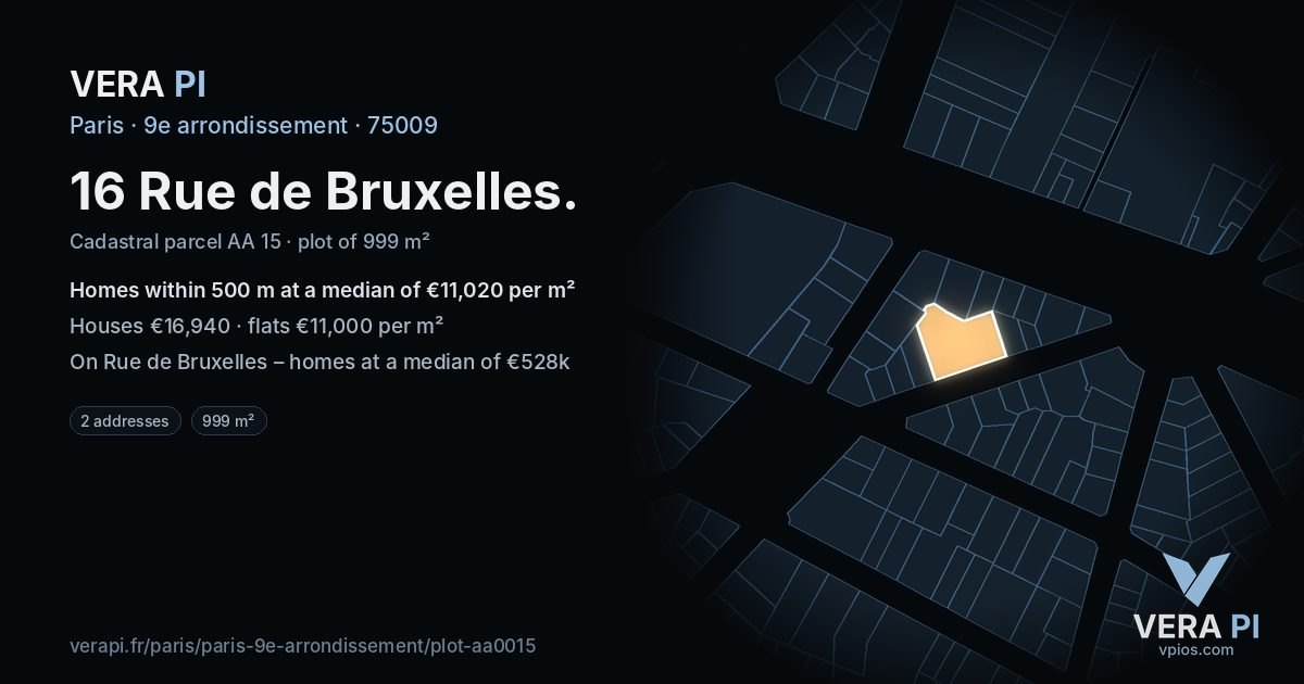 16 Rue de Bruxelles, 9e arrondissement at night – the plot lit, the parcels around coloured by the prices near them