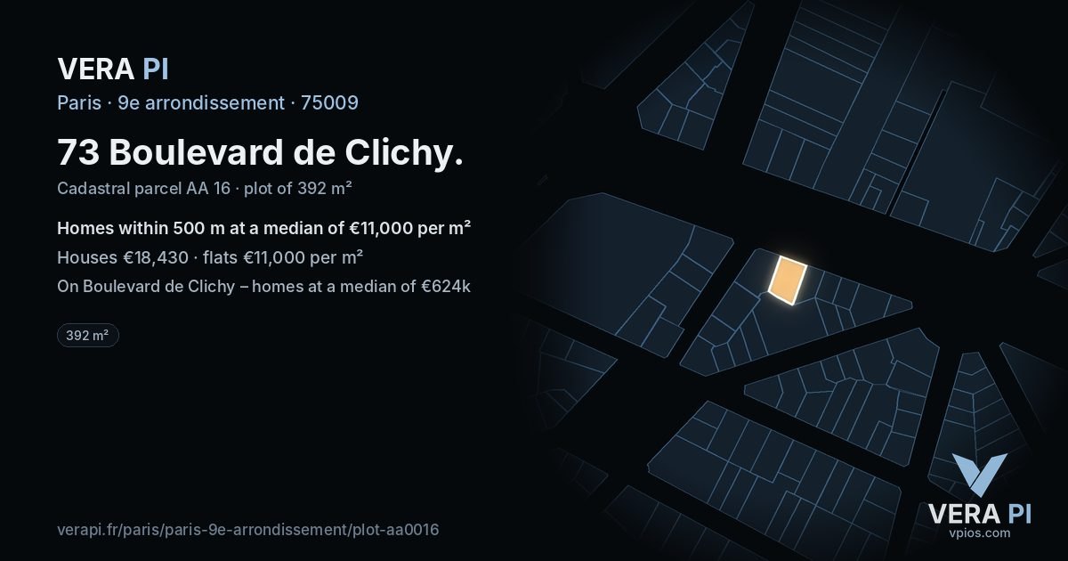73 Boulevard de Clichy, 9e arrondissement at night – the plot lit, the parcels around coloured by the prices near them
