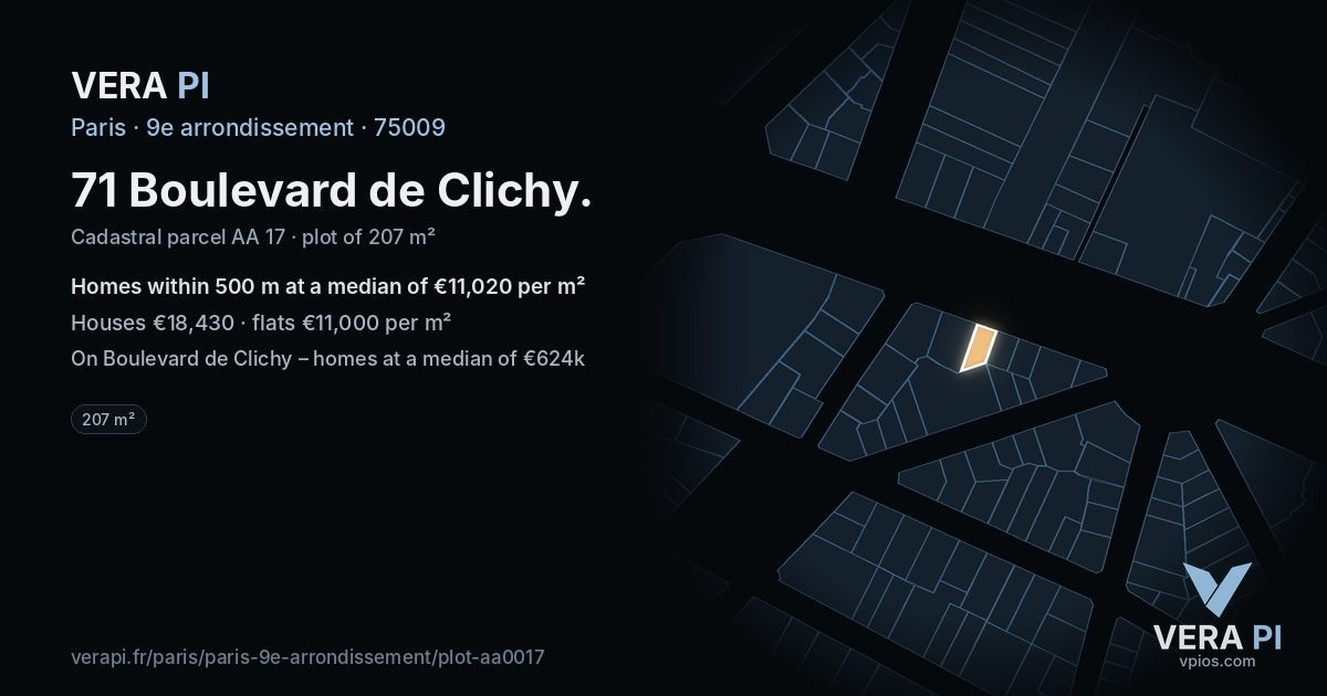 71 Boulevard de Clichy, 9e arrondissement at night – the plot lit, the parcels around coloured by the prices near them