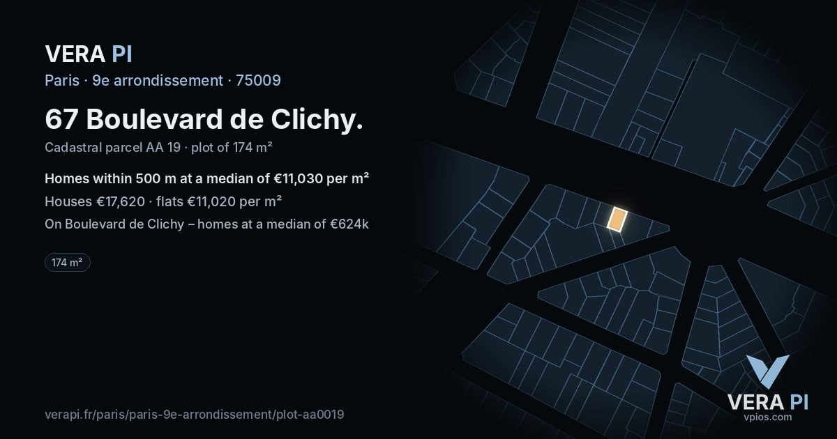 67 Boulevard de Clichy, 9e arrondissement at night – the plot lit, the parcels around coloured by the prices near them