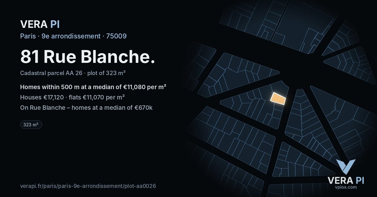81 Rue Blanche, 9e arrondissement at night – the plot lit, the parcels around coloured by the prices near them