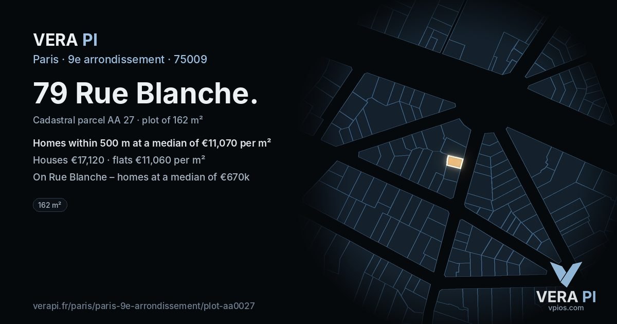 79 Rue Blanche, 9e arrondissement at night – the plot lit, the parcels around coloured by the prices near them