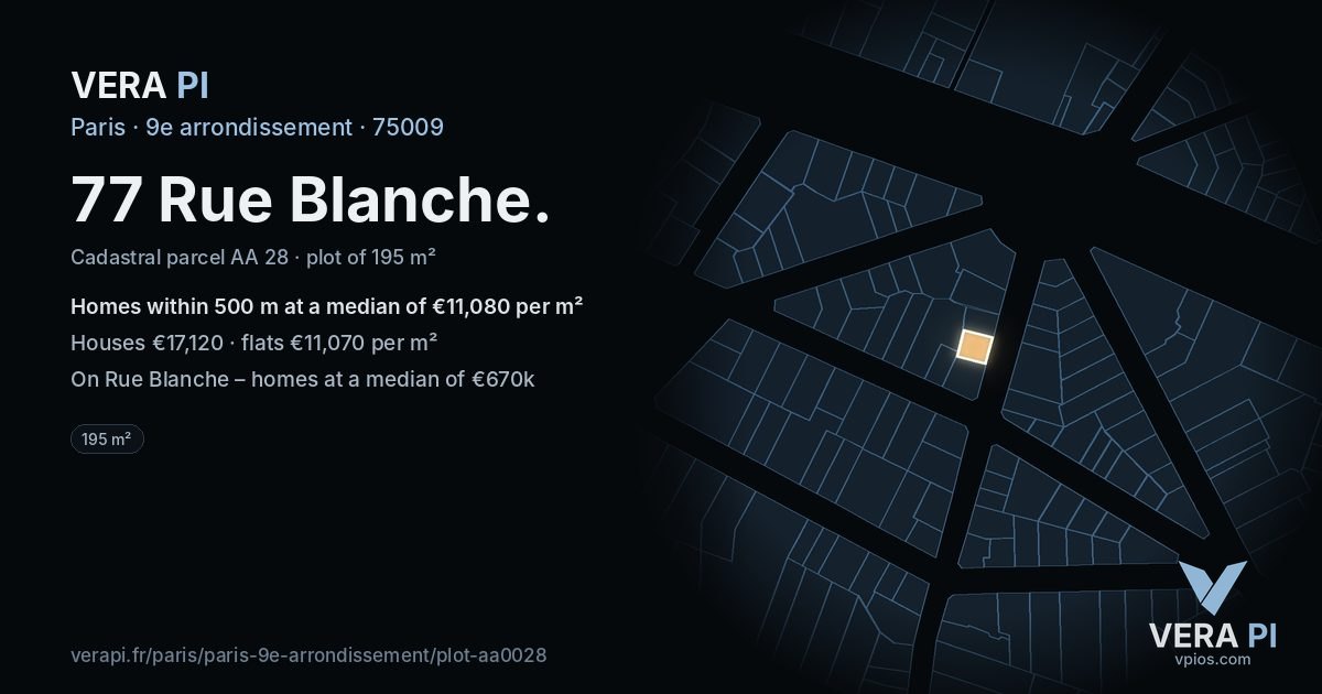 77 Rue Blanche, 9e arrondissement at night – the plot lit, the parcels around coloured by the prices near them