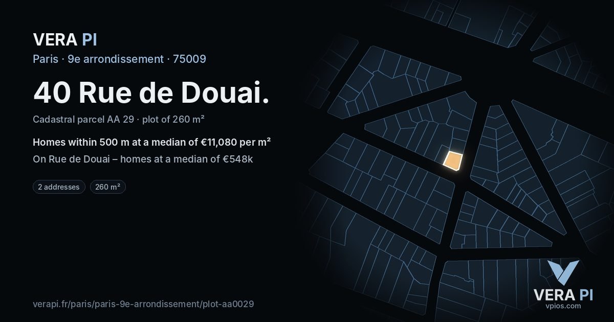 40 Rue de Douai, 9e arrondissement at night – the plot lit, the parcels around coloured by the prices near them