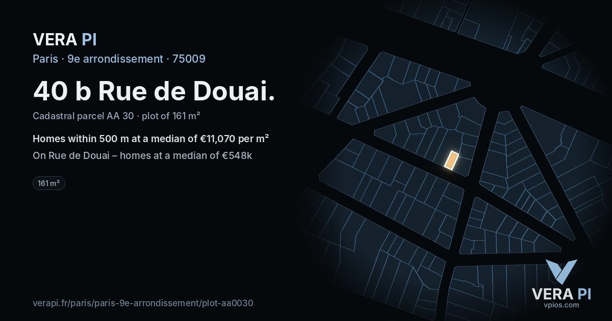 40 b Rue de Douai, 9e arrondissement at night – the plot lit, the parcels around coloured by the prices near them