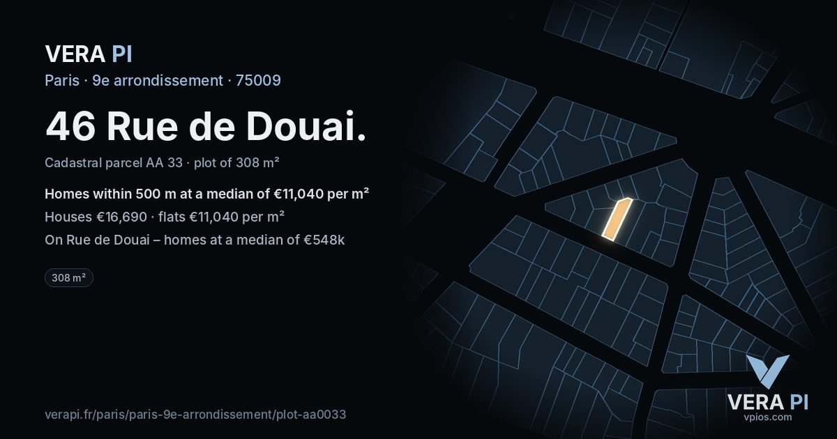 46 Rue de Douai, 9e arrondissement at night – the plot lit, the parcels around coloured by the prices near them