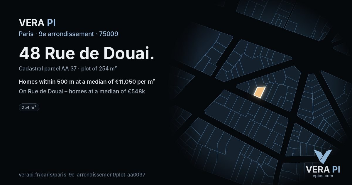 48 Rue de Douai, 9e arrondissement at night – the plot lit, the parcels around coloured by the prices near them