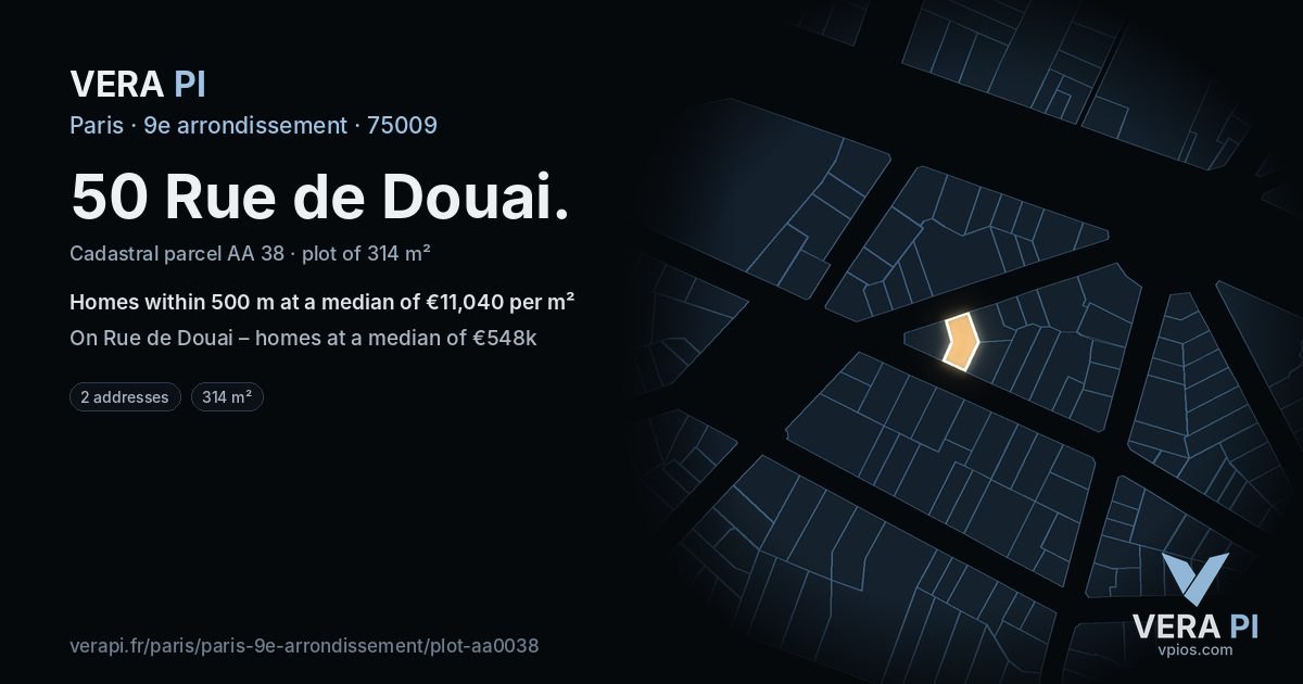50 Rue de Douai, 9e arrondissement at night – the plot lit, the parcels around coloured by the prices near them