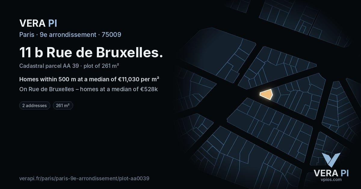 11 b Rue de Bruxelles, 9e arrondissement at night – the plot lit, the parcels around coloured by the prices near them
