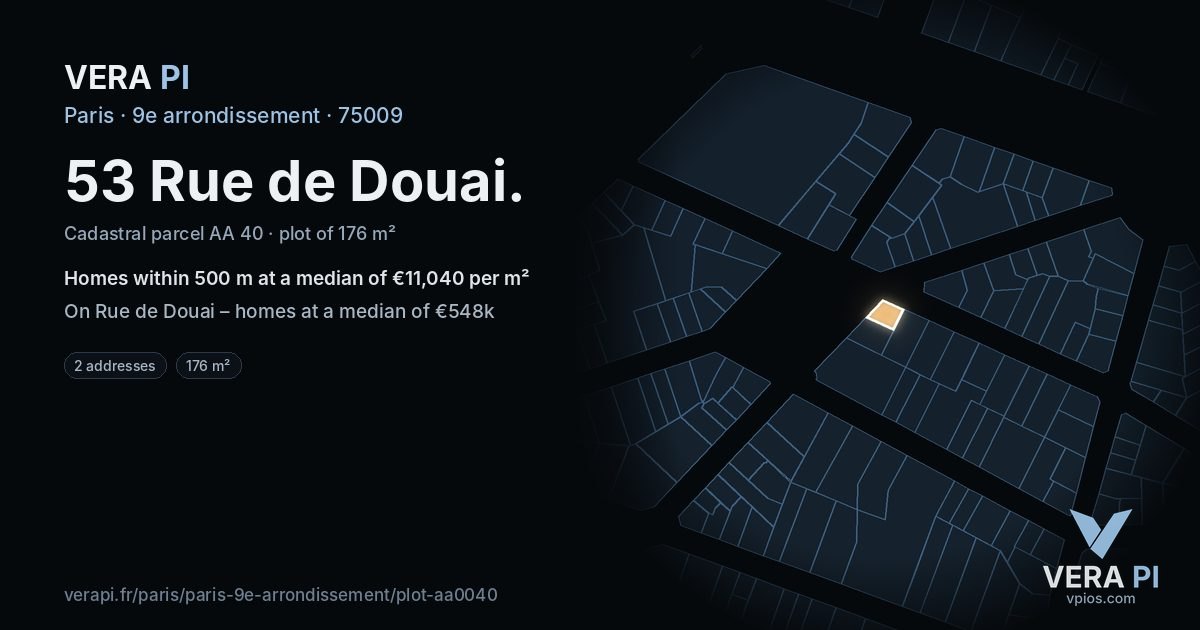 53 Rue de Douai, 9e arrondissement at night – the plot lit, the parcels around coloured by the prices near them