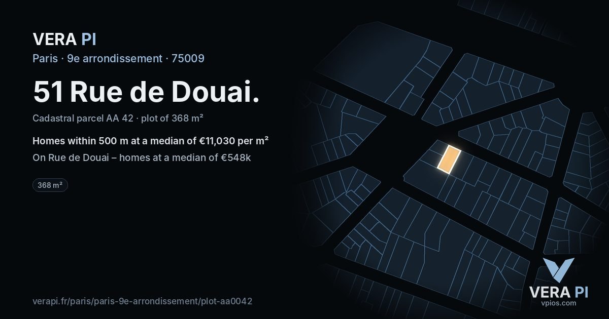 51 Rue de Douai, 9e arrondissement at night – the plot lit, the parcels around coloured by the prices near them