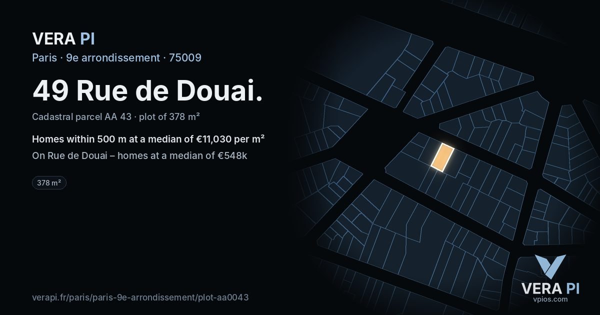 49 Rue de Douai, 9e arrondissement at night – the plot lit, the parcels around coloured by the prices near them