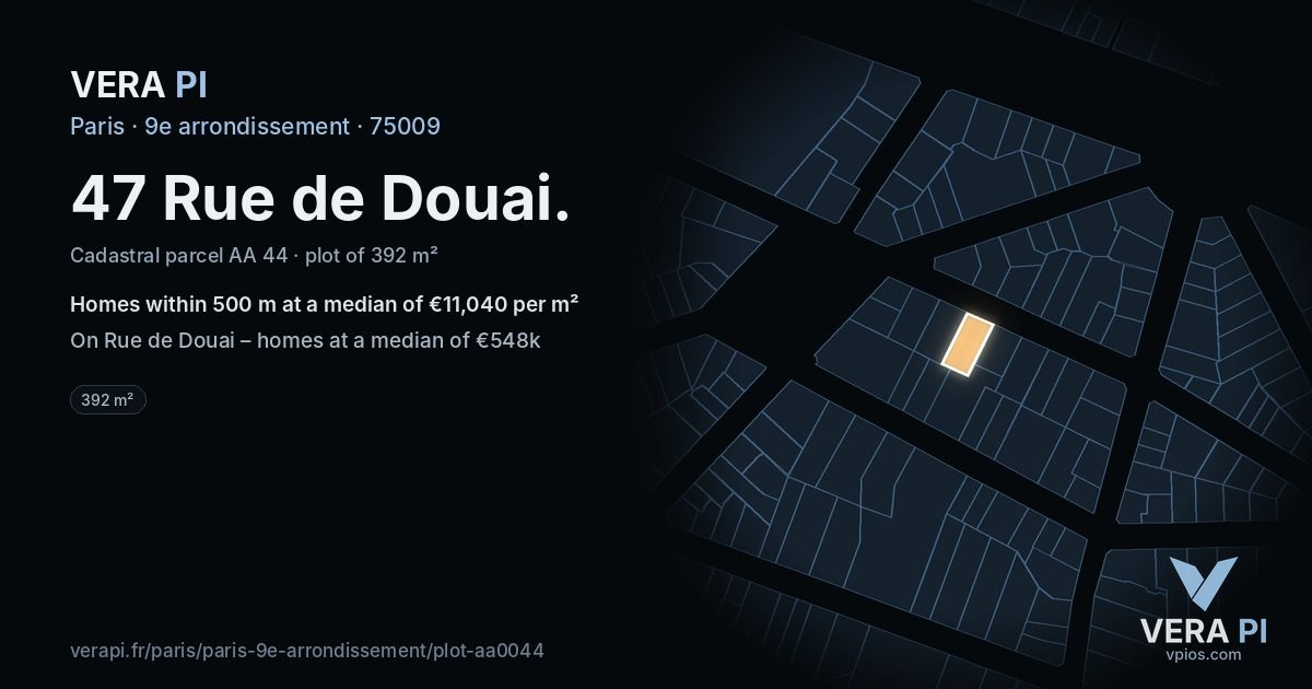 47 Rue de Douai, 9e arrondissement at night – the plot lit, the parcels around coloured by the prices near them