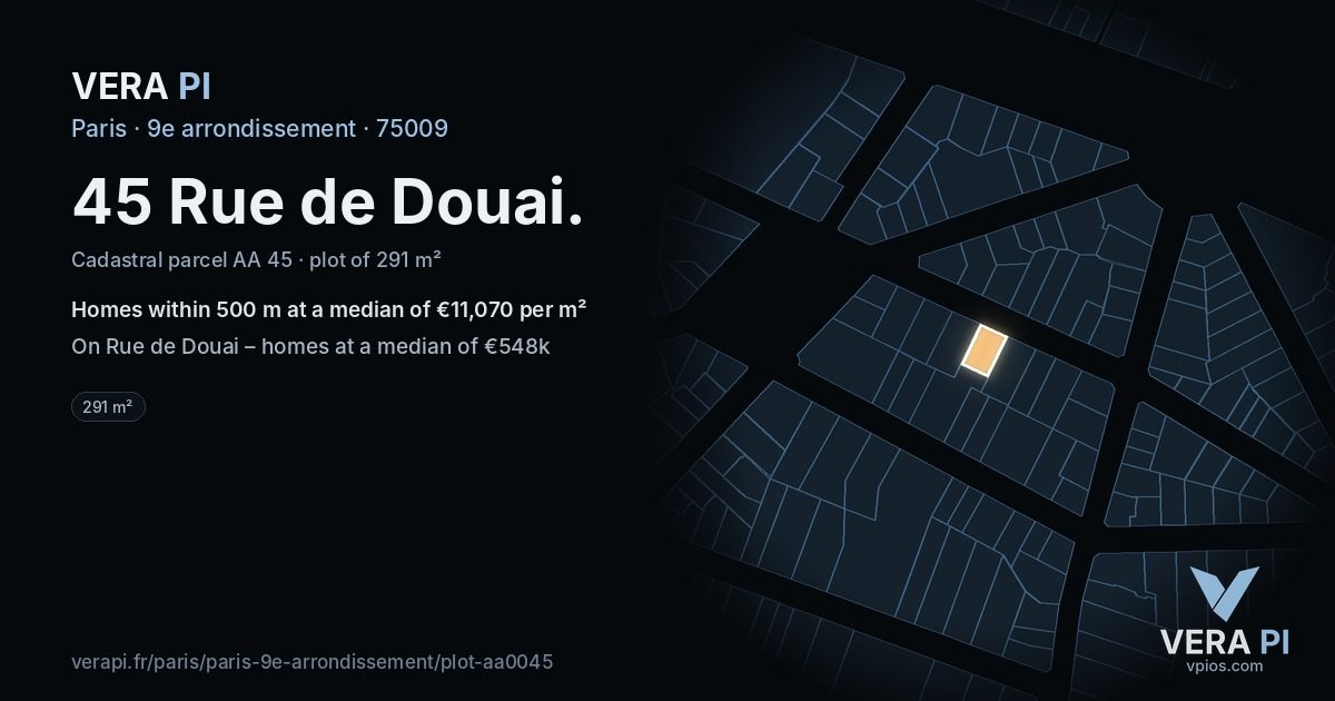 45 Rue de Douai, 9e arrondissement at night – the plot lit, the parcels around coloured by the prices near them