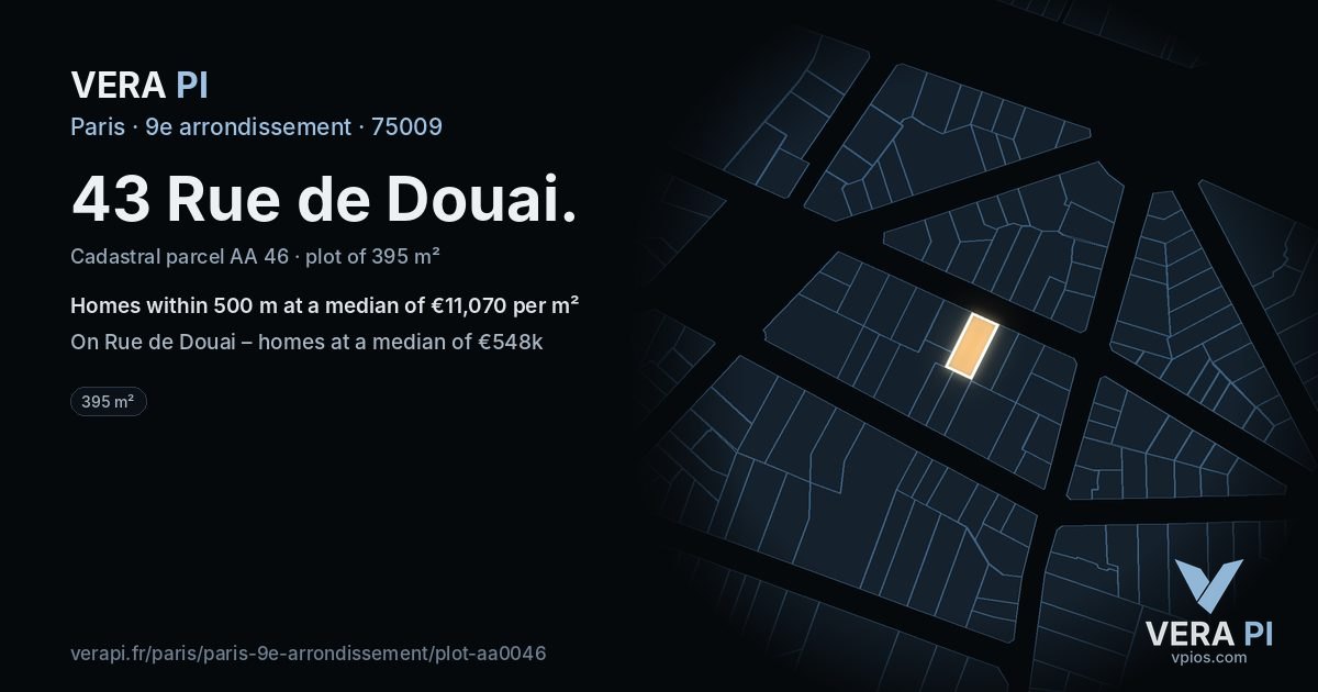 43 Rue de Douai, 9e arrondissement at night – the plot lit, the parcels around coloured by the prices near them
