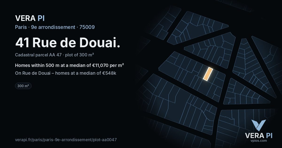 41 Rue de Douai, 9e arrondissement at night – the plot lit, the parcels around coloured by the prices near them
