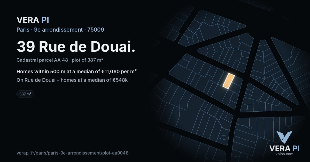 39 Rue de Douai, 9e arrondissement at night – the plot lit, the parcels around coloured by the prices near them