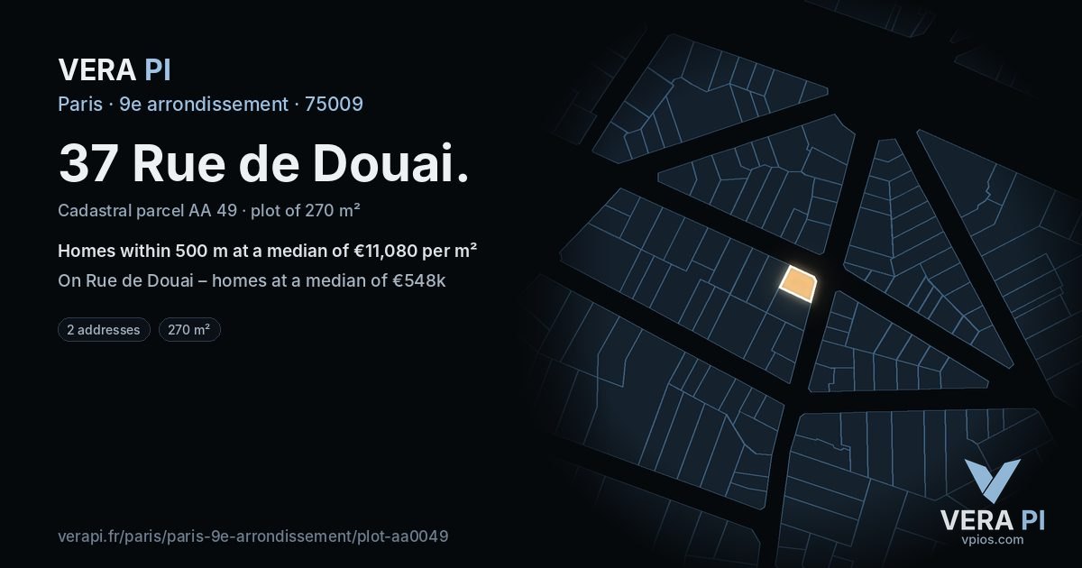 37 Rue de Douai, 9e arrondissement at night – the plot lit, the parcels around coloured by the prices near them