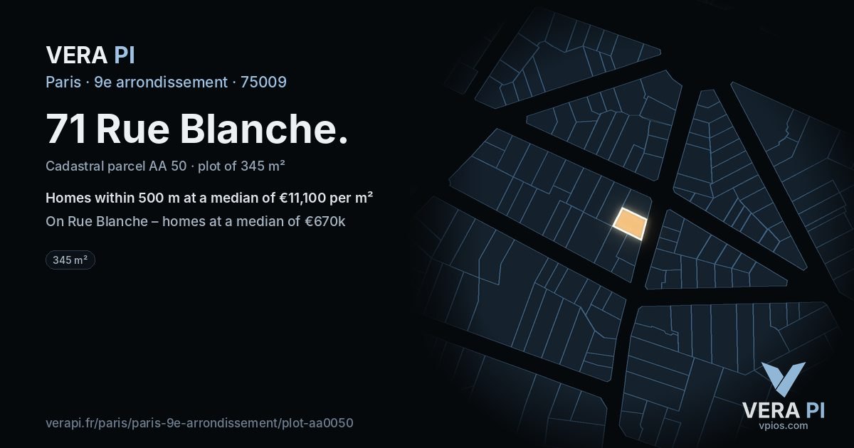 71 Rue Blanche, 9e arrondissement at night – the plot lit, the parcels around coloured by the prices near them
