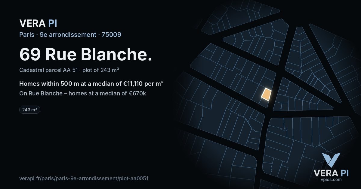 69 Rue Blanche, 9e arrondissement at night – the plot lit, the parcels around coloured by the prices near them