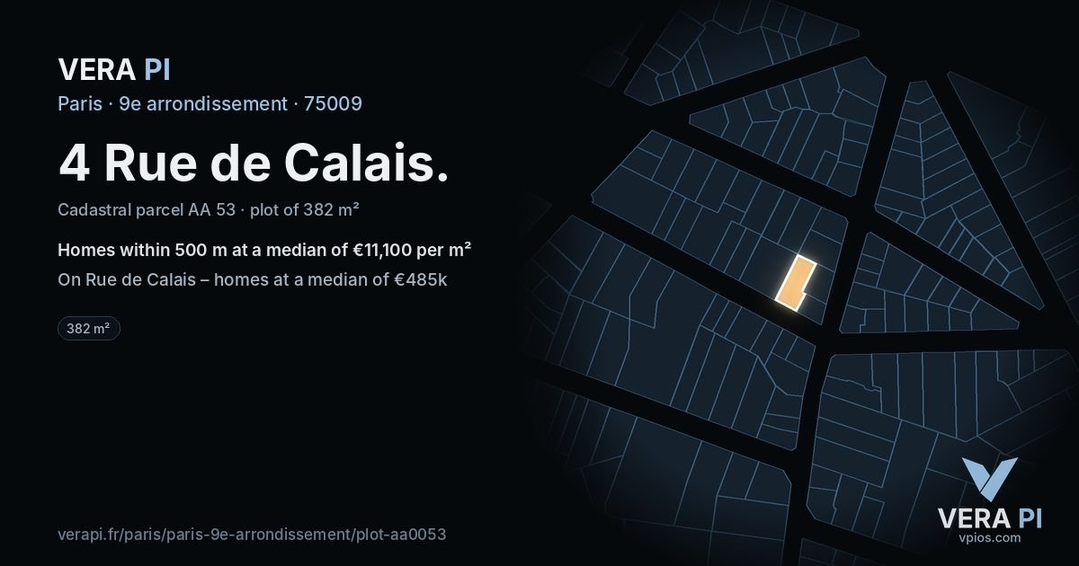 4 Rue de Calais, 9e arrondissement at night – the plot lit, the parcels around coloured by the prices near them