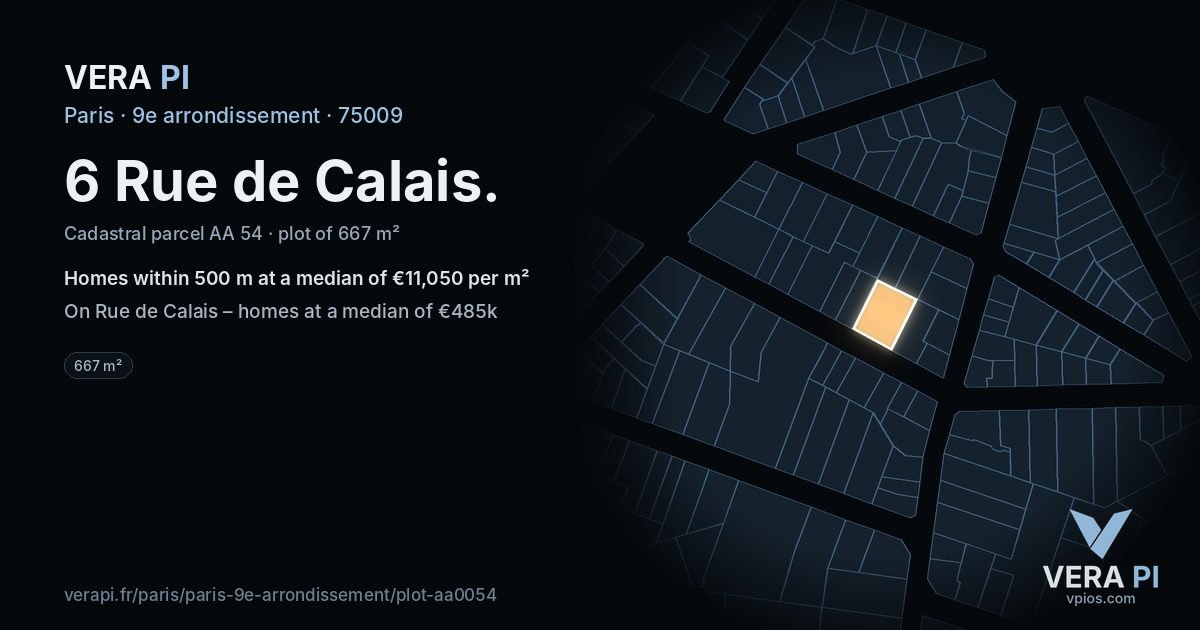 6 Rue de Calais, 9e arrondissement at night – the plot lit, the parcels around coloured by the prices near them