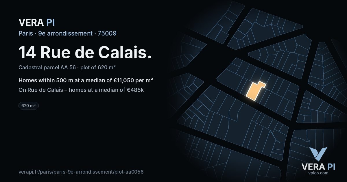 14 Rue de Calais, 9e arrondissement at night – the plot lit, the parcels around coloured by the prices near them