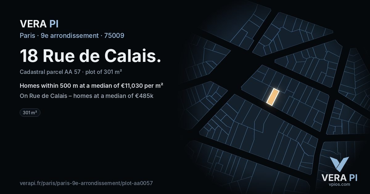 18 Rue de Calais, 9e arrondissement at night – the plot lit, the parcels around coloured by the prices near them