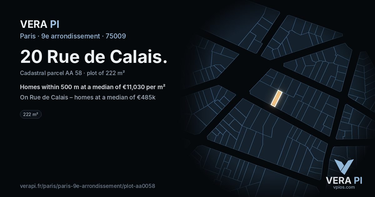 20 Rue de Calais, 9e arrondissement at night – the plot lit, the parcels around coloured by the prices near them