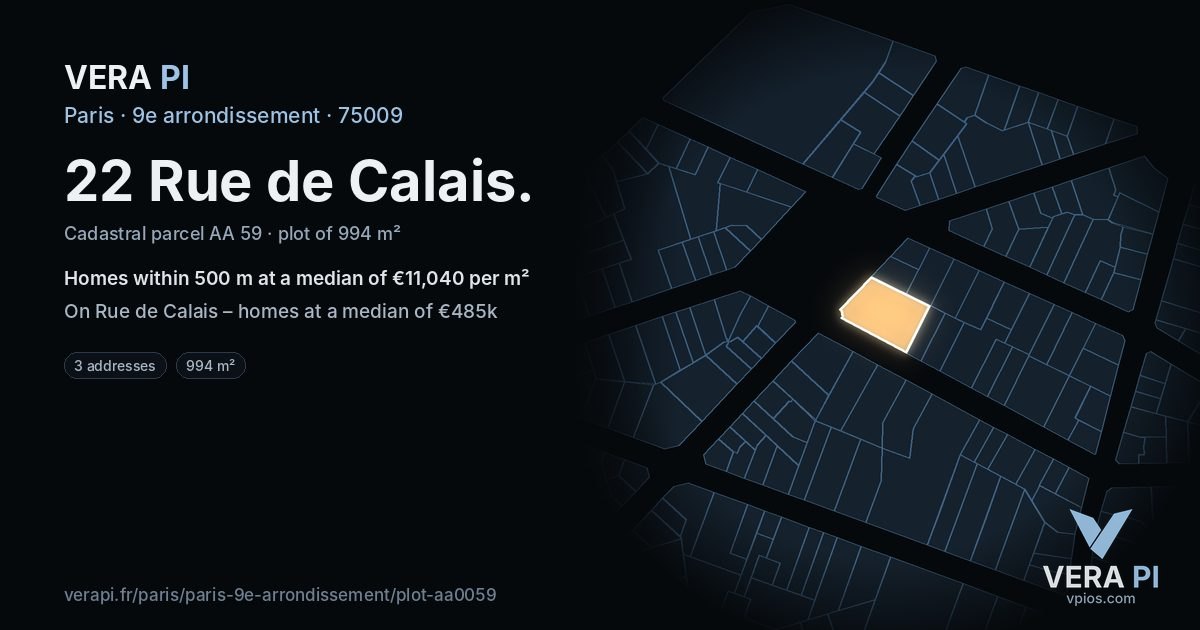 22 Rue de Calais, 9e arrondissement at night – the plot lit, the parcels around coloured by the prices near them