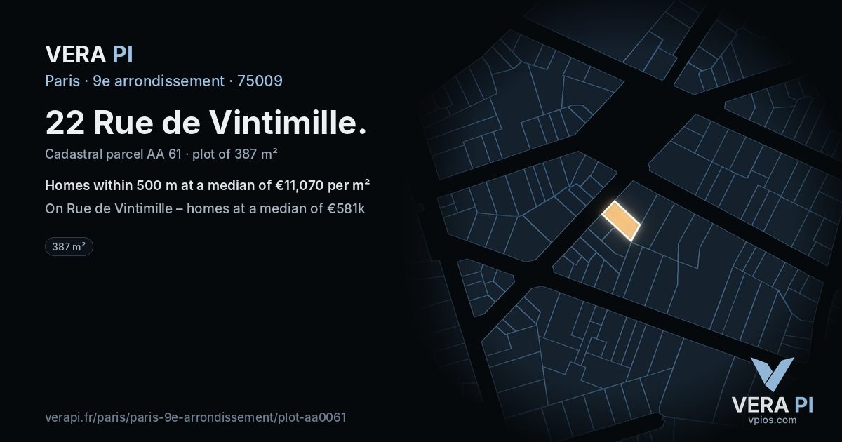 22 Rue de Vintimille, 9e arrondissement at night – the plot lit, the parcels around coloured by the prices near them