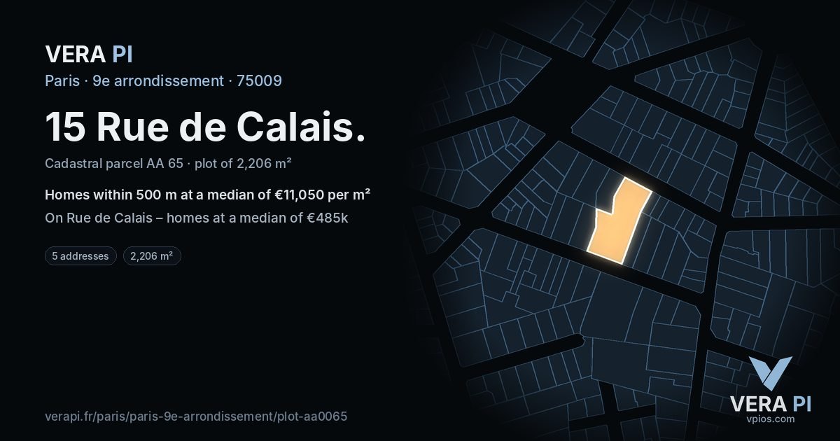 15 Rue de Calais, 9e arrondissement at night – the plot lit, the parcels around coloured by the prices near them