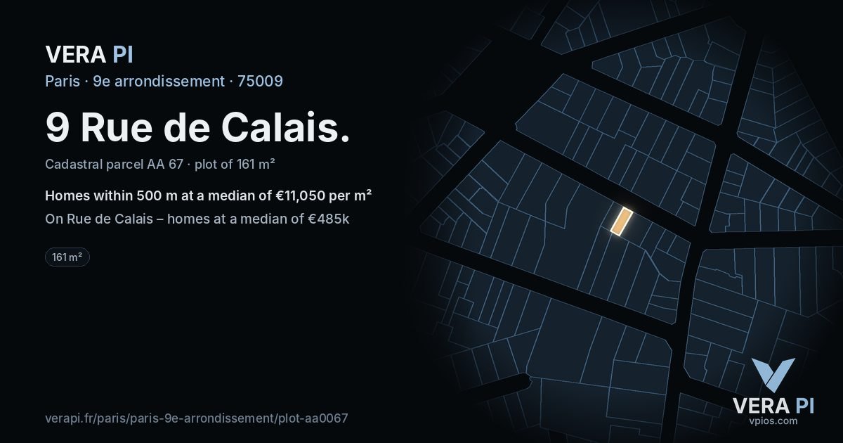 9 Rue de Calais, 9e arrondissement at night – the plot lit, the parcels around coloured by the prices near them