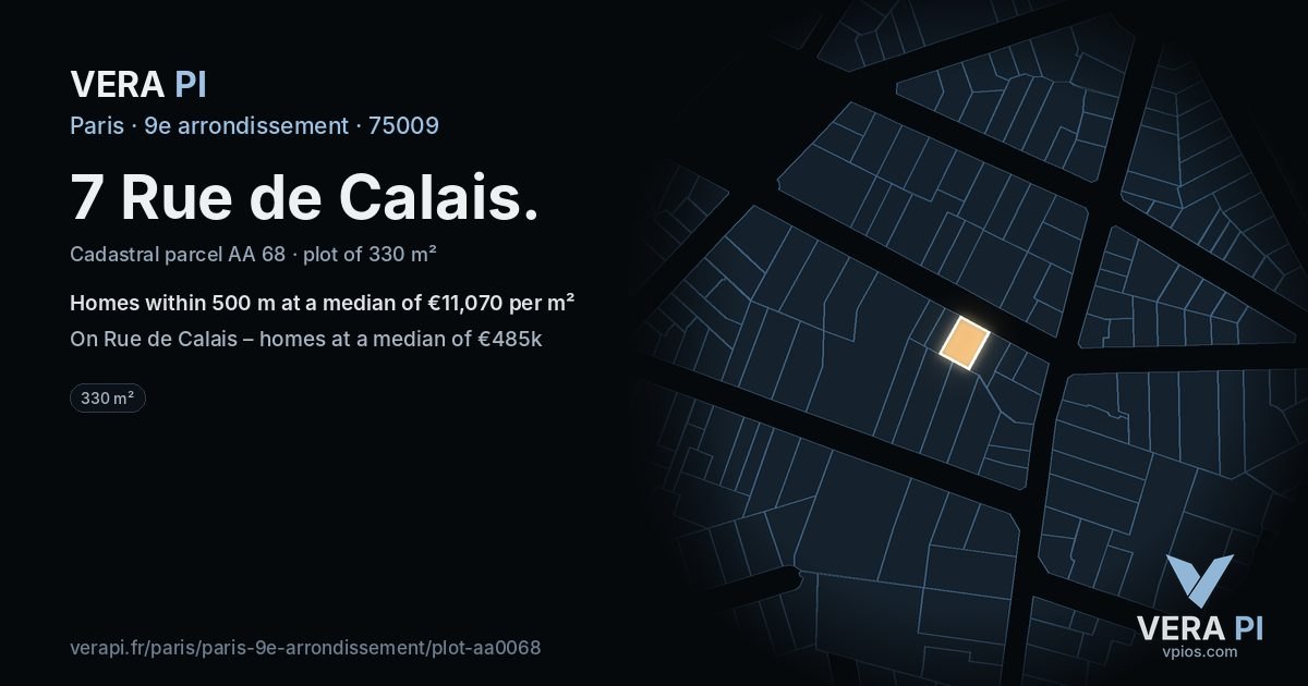 7 Rue de Calais, 9e arrondissement at night – the plot lit, the parcels around coloured by the prices near them
